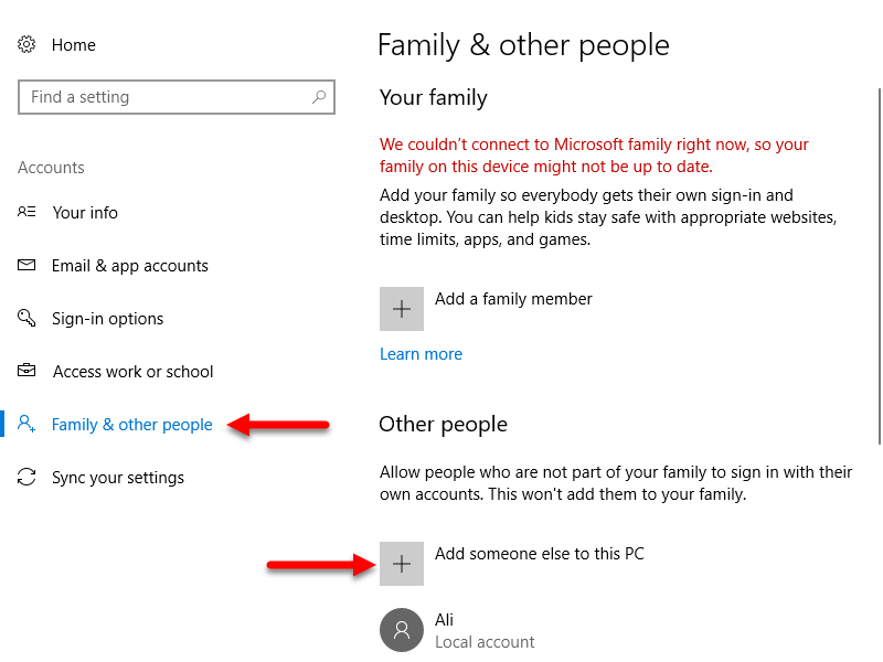 manage user account on windows 10